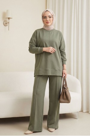 Yuvarlak Yaka Çimalı Oyşo İkili Takım  -Haki