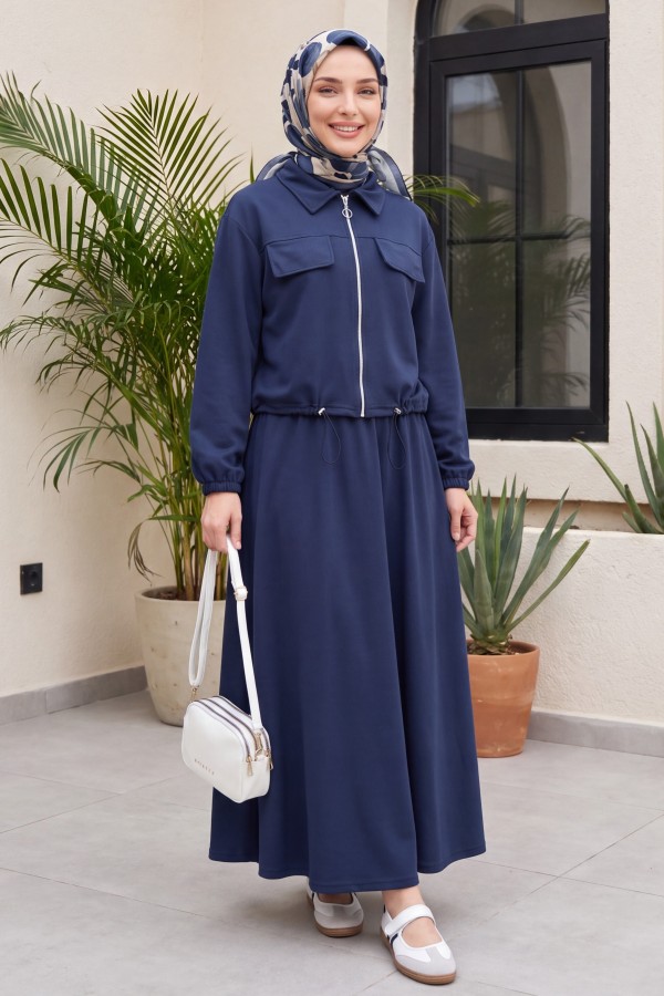 Oysho Set with Zipper, Elastic Waist, Shirt Collar, and Flap Pockets -Smoked 