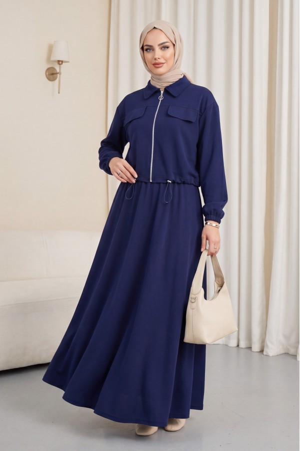 Oysho Set with Zipper, Elastic Waist, Shirt Collar, and Flap Pockets -Navy blue