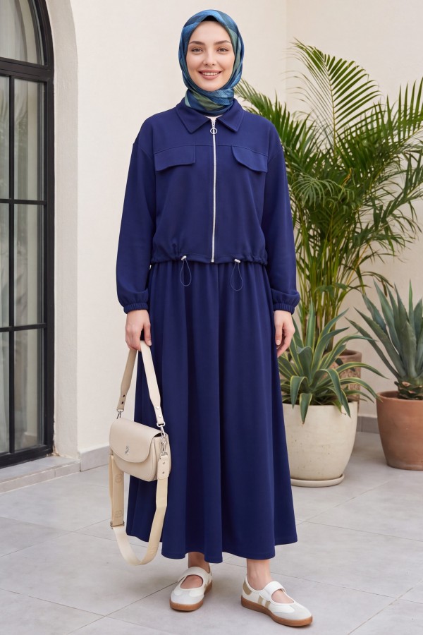 Oysho Set with Zipper, Elastic Waist, Shirt Collar, and Flap Pockets -Navy blue