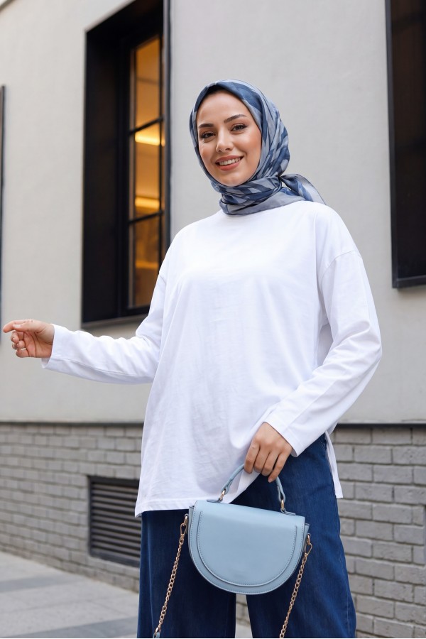 Crew Neck Long Sleeve Oversize Cotton Sweatshirt -White