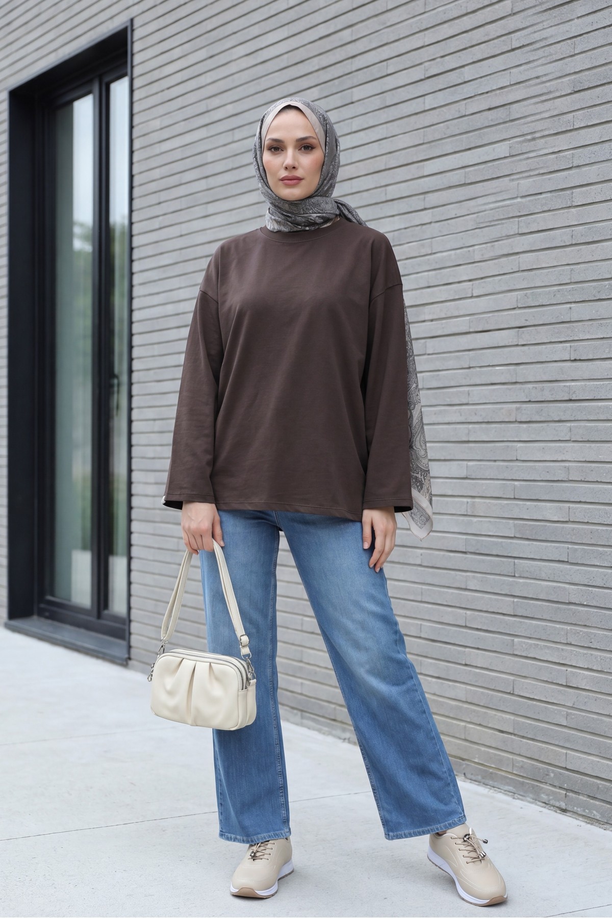 Crew Neck Long Sleeve Oversize Cotton Sweatshirt -Dark Coffee