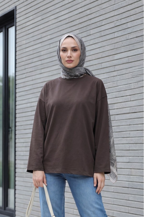 Crew Neck Long Sleeve Oversize Cotton Sweatshirt -Dark Coffee