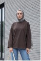 Bisiklet Yaka Uzun Kollu Oversize Penye Sweat -Koyu Kahverengi