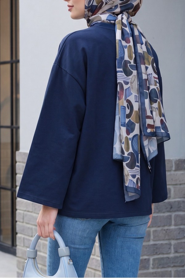 Crew Neck Long Sleeve Oversize Cotton Sweatshirt -Navy blue