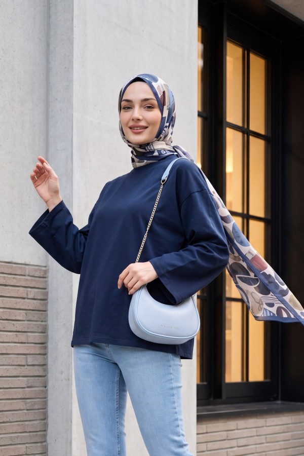 Crew Neck Long Sleeve Oversize Cotton Sweatshirt -Navy blue