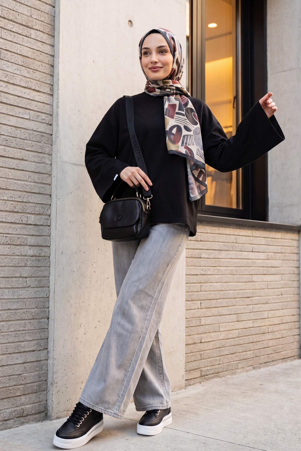 Bisiklet Yaka Uzun Kollu Oversize Penye Sweat -Siyah