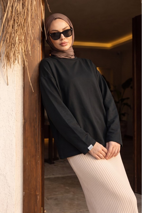 Bisiklet Yaka Uzun Kollu Oversize Penye Sweat -Siyah