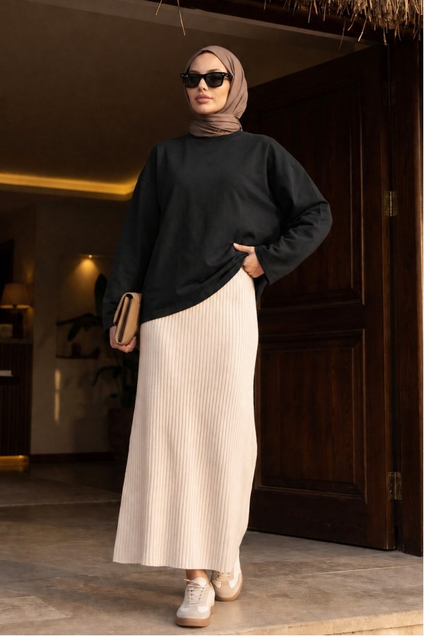 Bisiklet Yaka Uzun Kollu Oversize Penye Sweat -Siyah