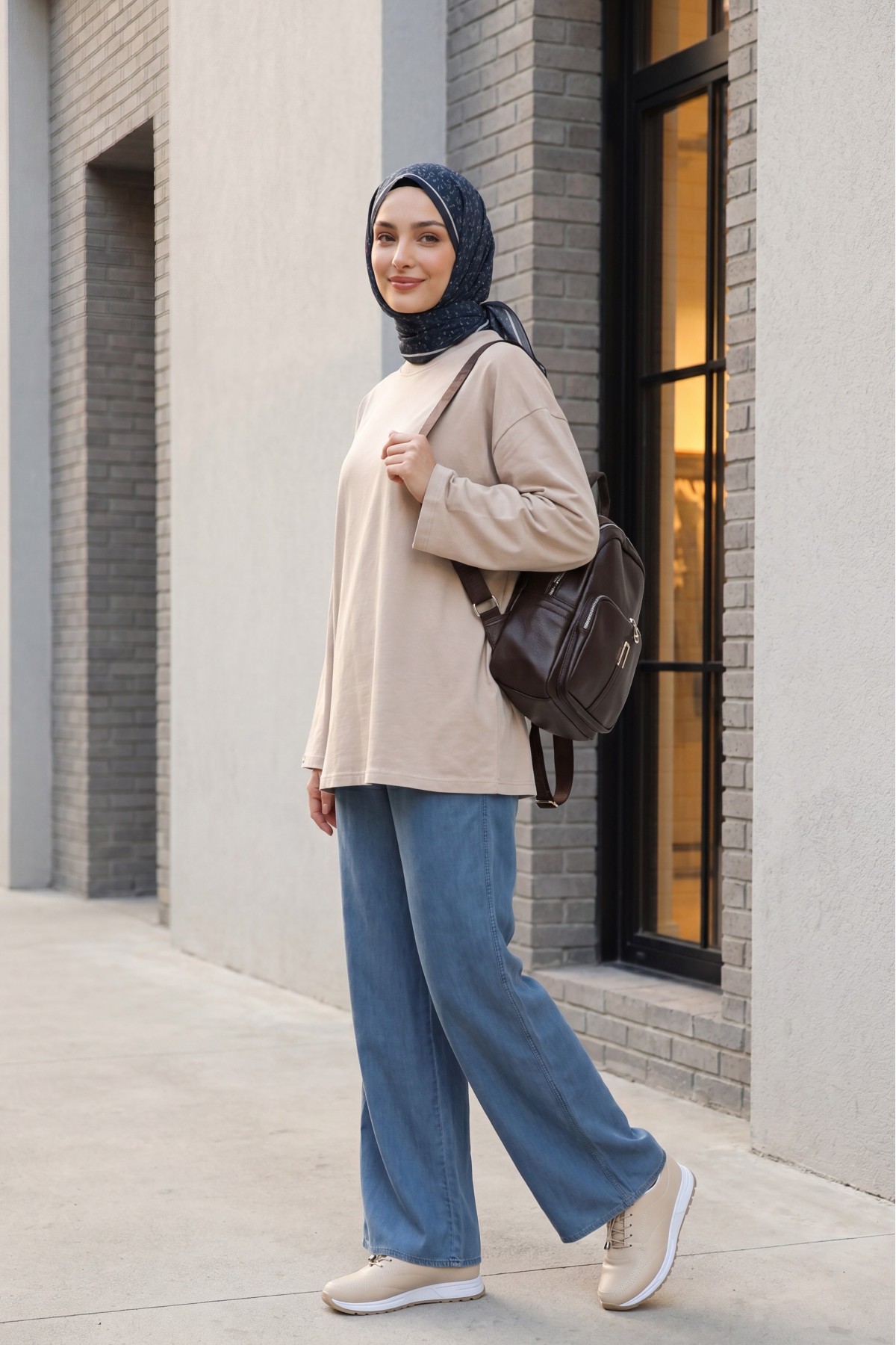 Crew Neck Long Sleeve Oversize Cotton Sweatshirt -Stone
