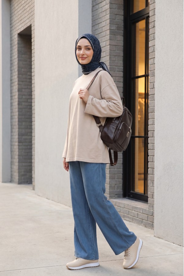 Crew Neck Long Sleeve Oversize Cotton Sweatshirt -Stone