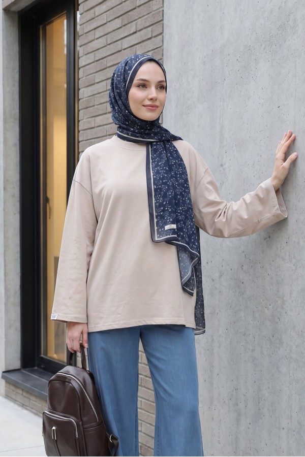 Crew Neck Long Sleeve Oversize Cotton Sweatshirt -Stone