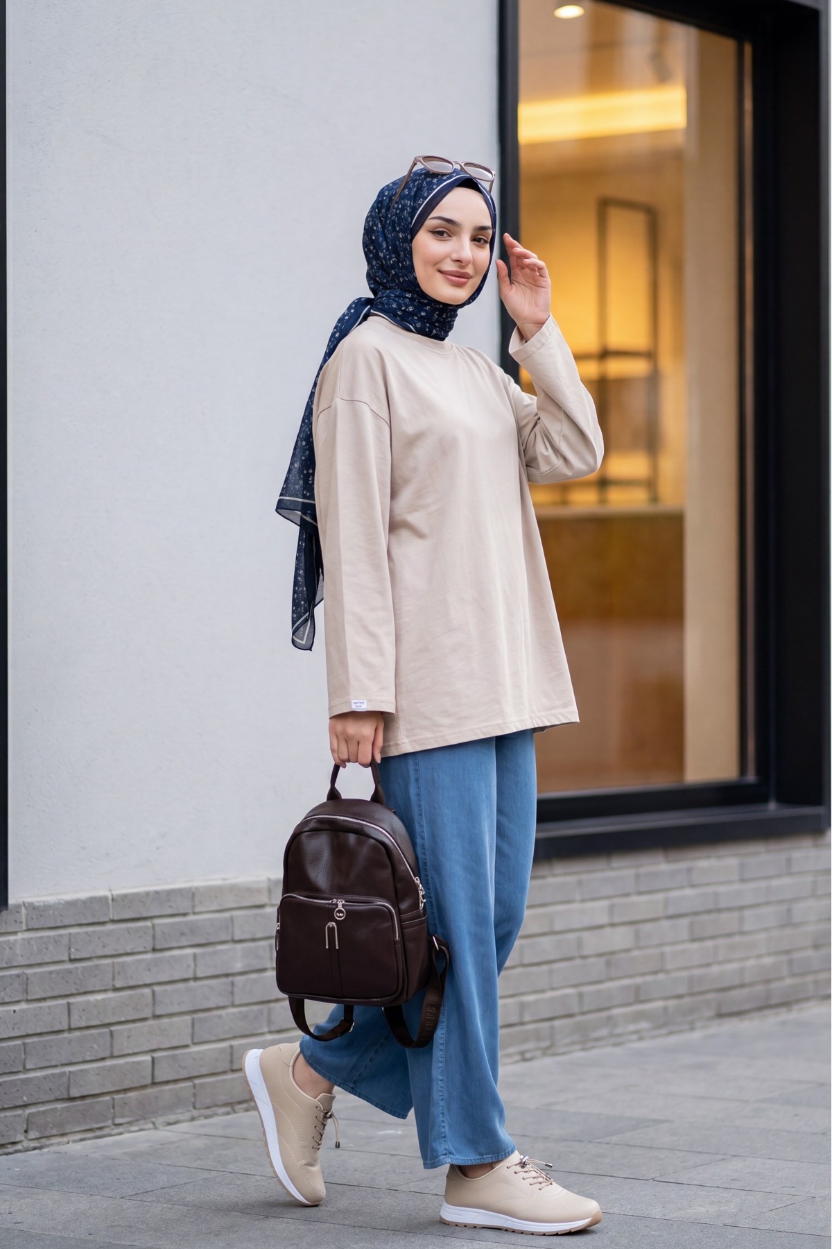 Crew Neck Long Sleeve Oversize Cotton Sweatshirt -Stone