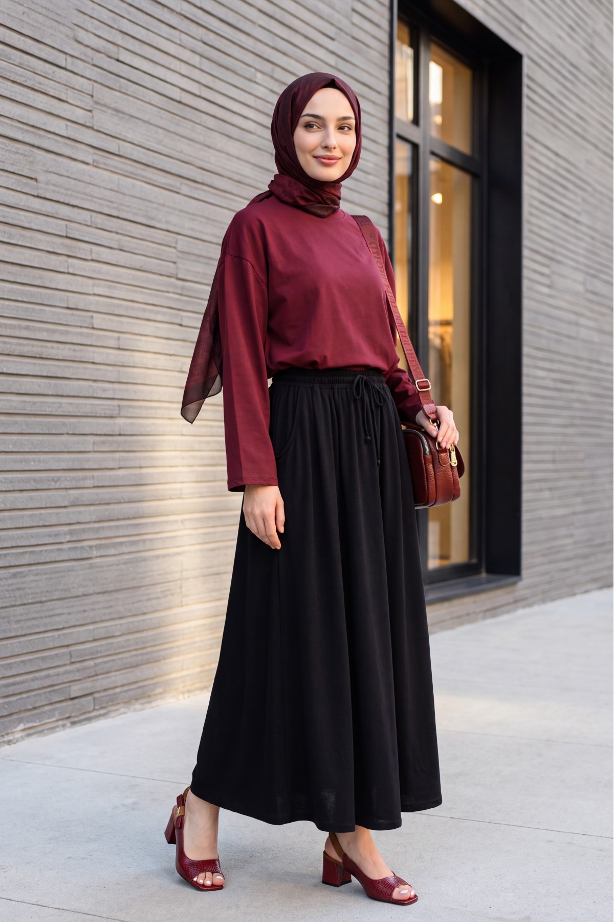 Bisiklet Yaka Uzun Kollu Oversize Penye Sweat  -Bordo detay görseli