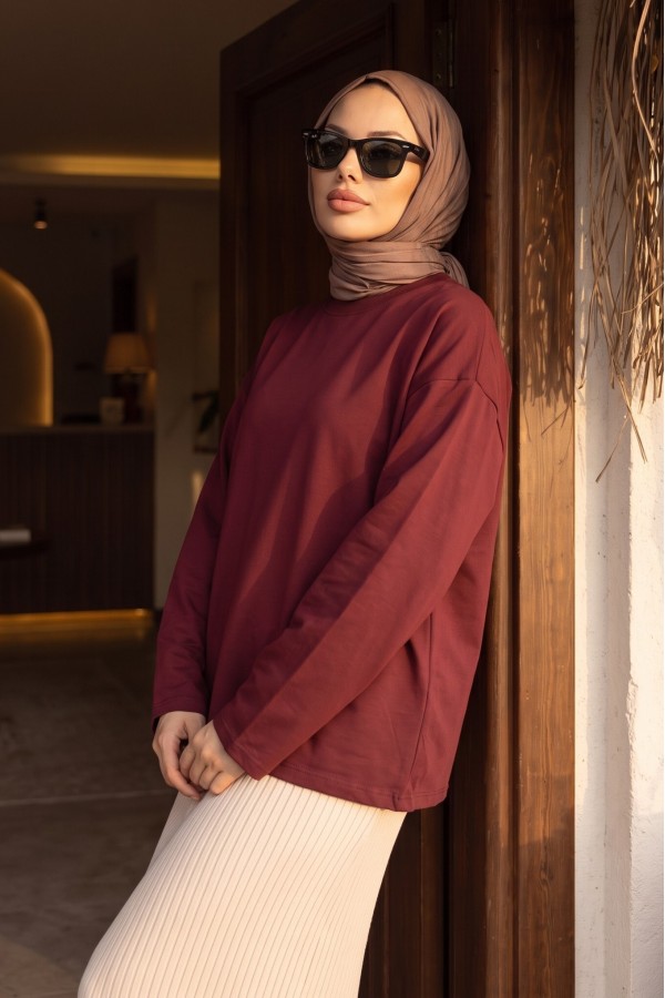 Bisiklet Yaka Uzun Kollu Oversize Penye Sweat  -Bordo