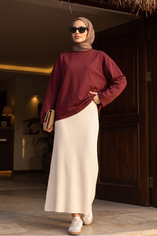 Bisiklet Yaka Uzun Kollu Oversize Penye Sweat  -Bordo