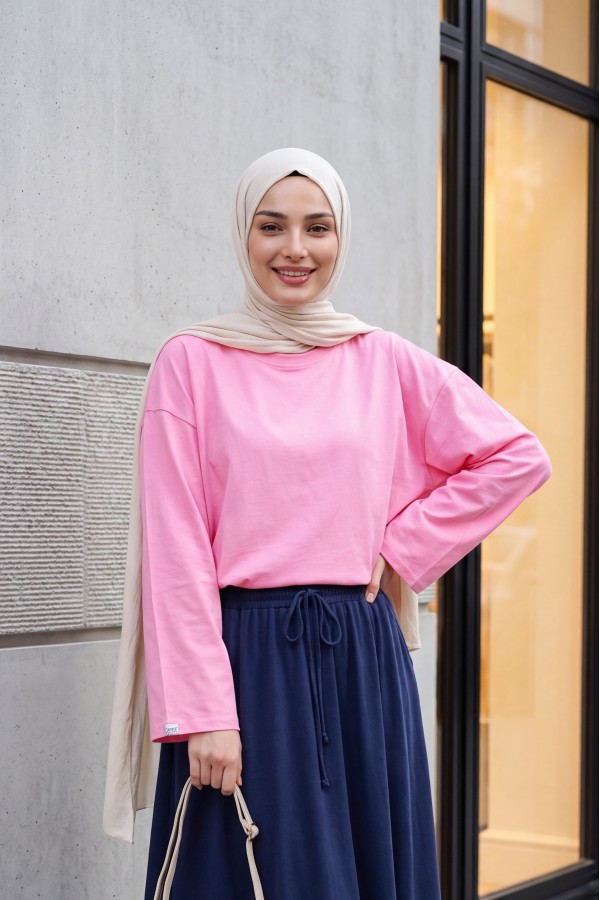 Crew Neck Long Sleeve Oversize Cotton Sweatshirt  -Pink