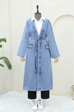 Cep Detaylı Kuşaklı Kot Kap -Buz Mavi