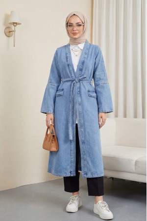 Cep Detaylı Kuşaklı Kot Kap -Buz Mavi