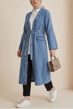 Cep Detaylı Kuşaklı Kot Kap -Buz Mavi