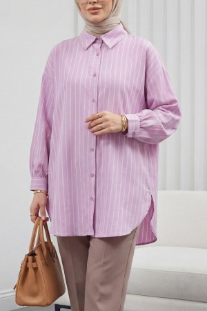 Çizgili Yırtmaçlı Salaş Linda Gömlek -Açık Lila
