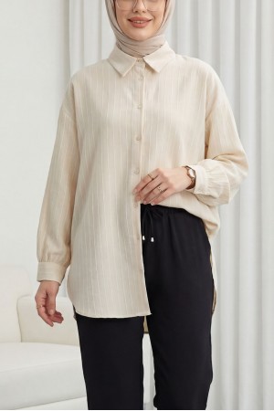 Çizgili Yırtmaçlı Salaş Linda Gömlek -Bej