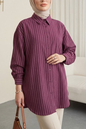 Çizgili Yırtmaçlı Salaş Linda Gömlek -Bordo