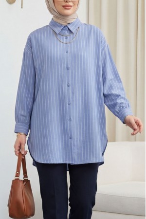 Çizgili Yırtmaçlı Salaş Linda Gömlek -Buz Mavi