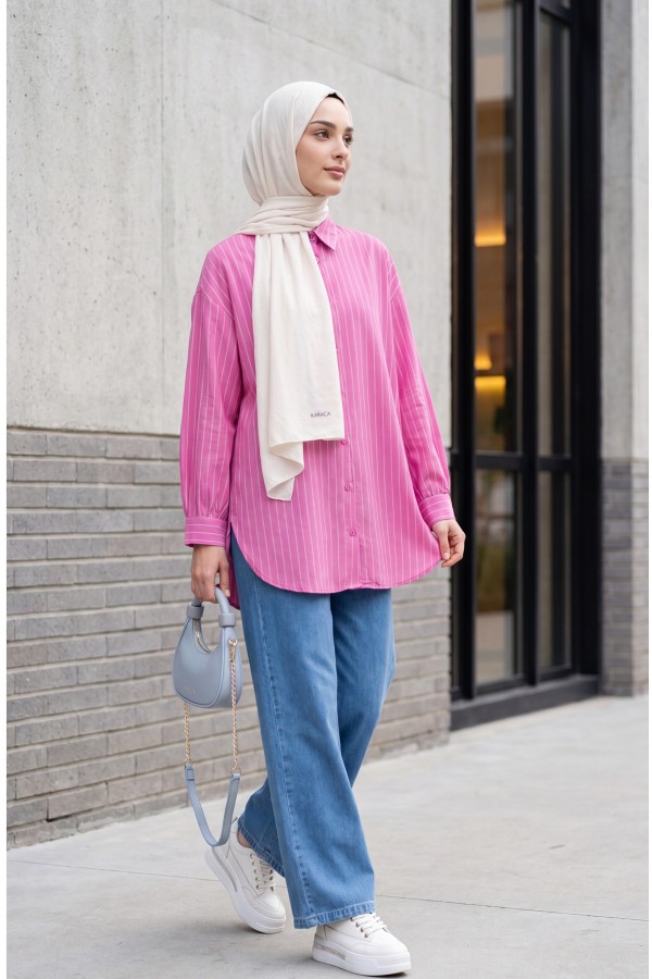Striped Slit Loose-Fitting Linda Shirt -Fuchsia