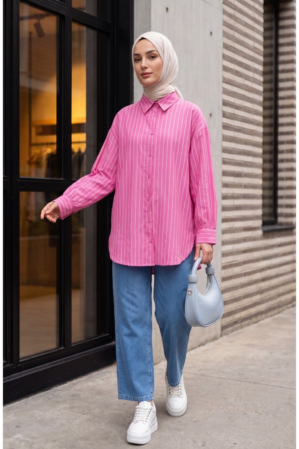 Striped Slit Loose-Fitting Linda Shirt -Fuchsia