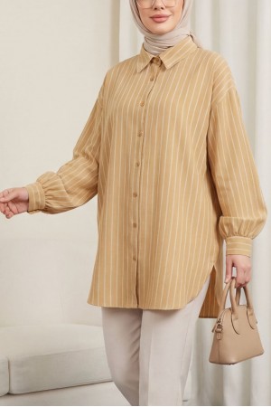 Çizgili Yırtmaçlı Salaş Linda Gömlek -Hardal