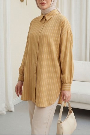 قميص ليندا مخطط بفتحة جانبية فضفاض -خردل