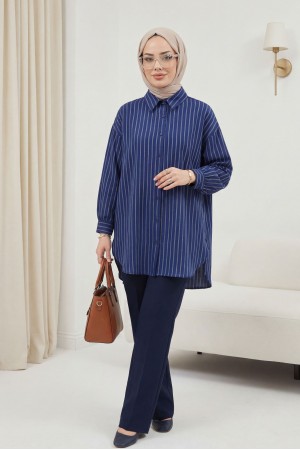 Çizgili Yırtmaçlı Salaş Linda Gömlek -Laci