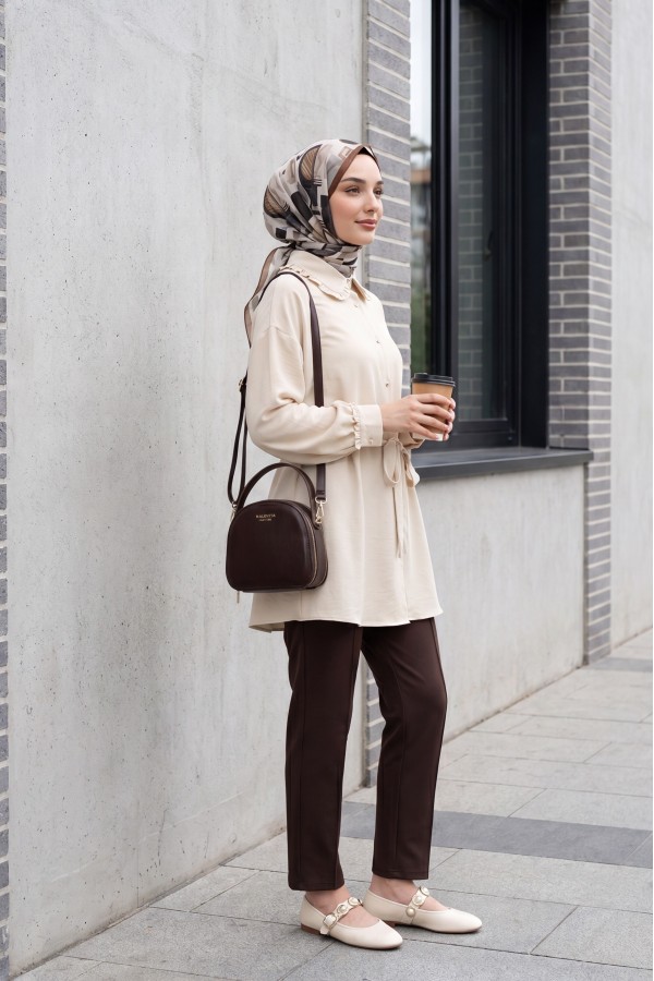 Imported Crepe Tunic with Stone Embellished Button and Bow, Peter Pan Collar - Beige