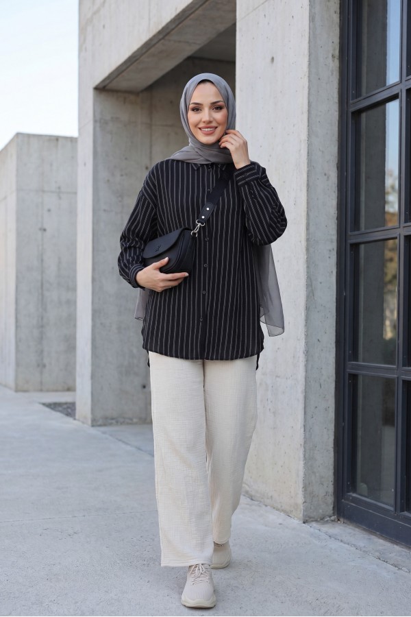 Striped Slit Loose  -Black