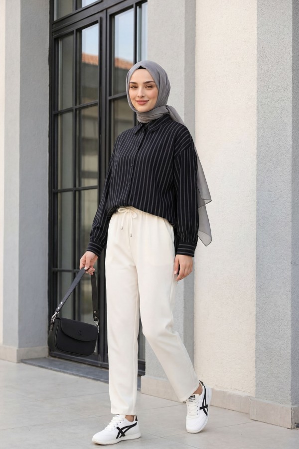 Striped Slit Loose  -Black