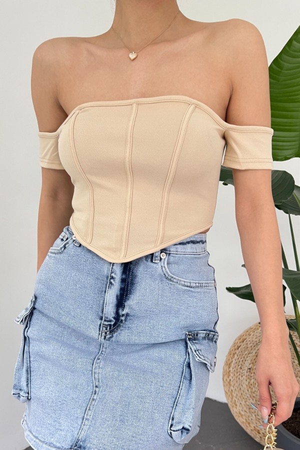 Back Zipper Shoulder Detailed Corset Crop - Beige
