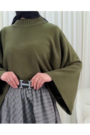 كنزة قصيرة محبوكة بنصف ياقة عالية -خاكي