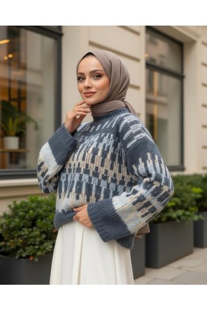 Three-Color Patterned Thick Knit Sweater -İndigo