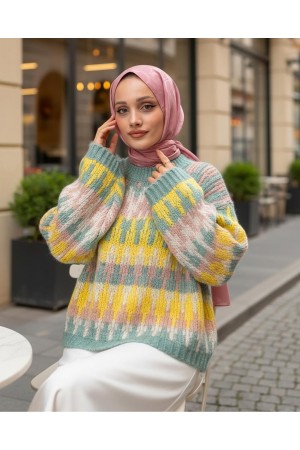 Three-Color Patterned Thick Knit Sweater -Mint Color