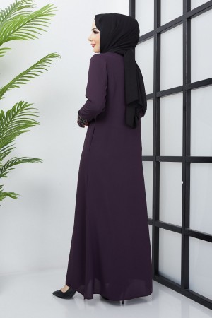 Büyük Beden Dantel Taş İşleme Detaylı Mürdüm Ferace