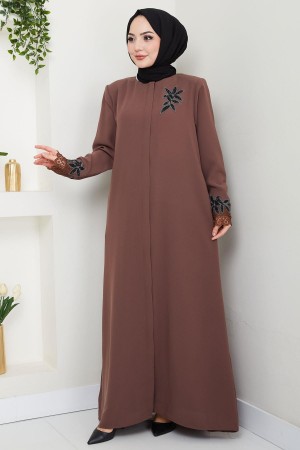 Büyük Beden Dantel Taş İşleme Detaylı Ferace Taba HM2029