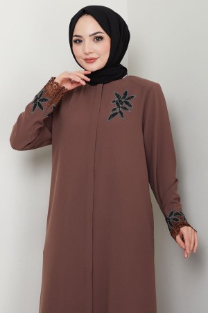 Büyük Beden Dantel Taş İşleme Detaylı Ferace Taba HM2029