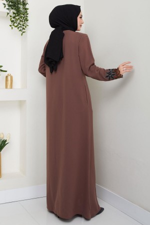 Büyük Beden Dantel Taş İşleme Detaylı Ferace Taba HM2029