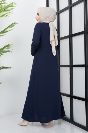 Büyük Beden Taş Detaylı Lacivert Ferace