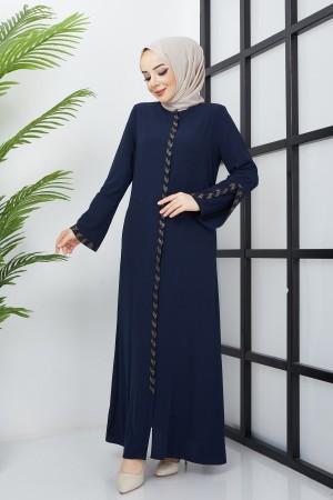 Büyük Beden Taş Detaylı Lacivert Ferace