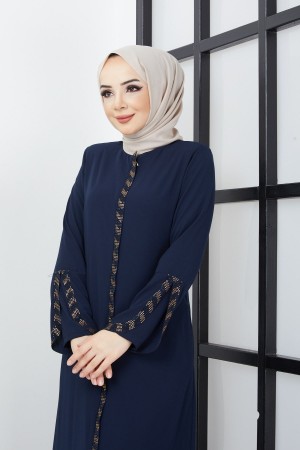 Büyük Beden Taş Detaylı Lacivert Ferace