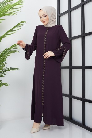 Büyük Beden Taş Detaylı Mürdüm Ferace