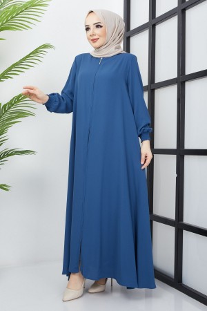 Büyük Beden Kolları Gipe Detaylı İndigo Ferace