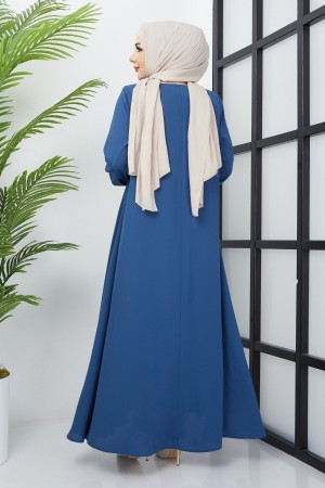 Büyük Beden Kolları Gipe Detaylı İndigo Ferace